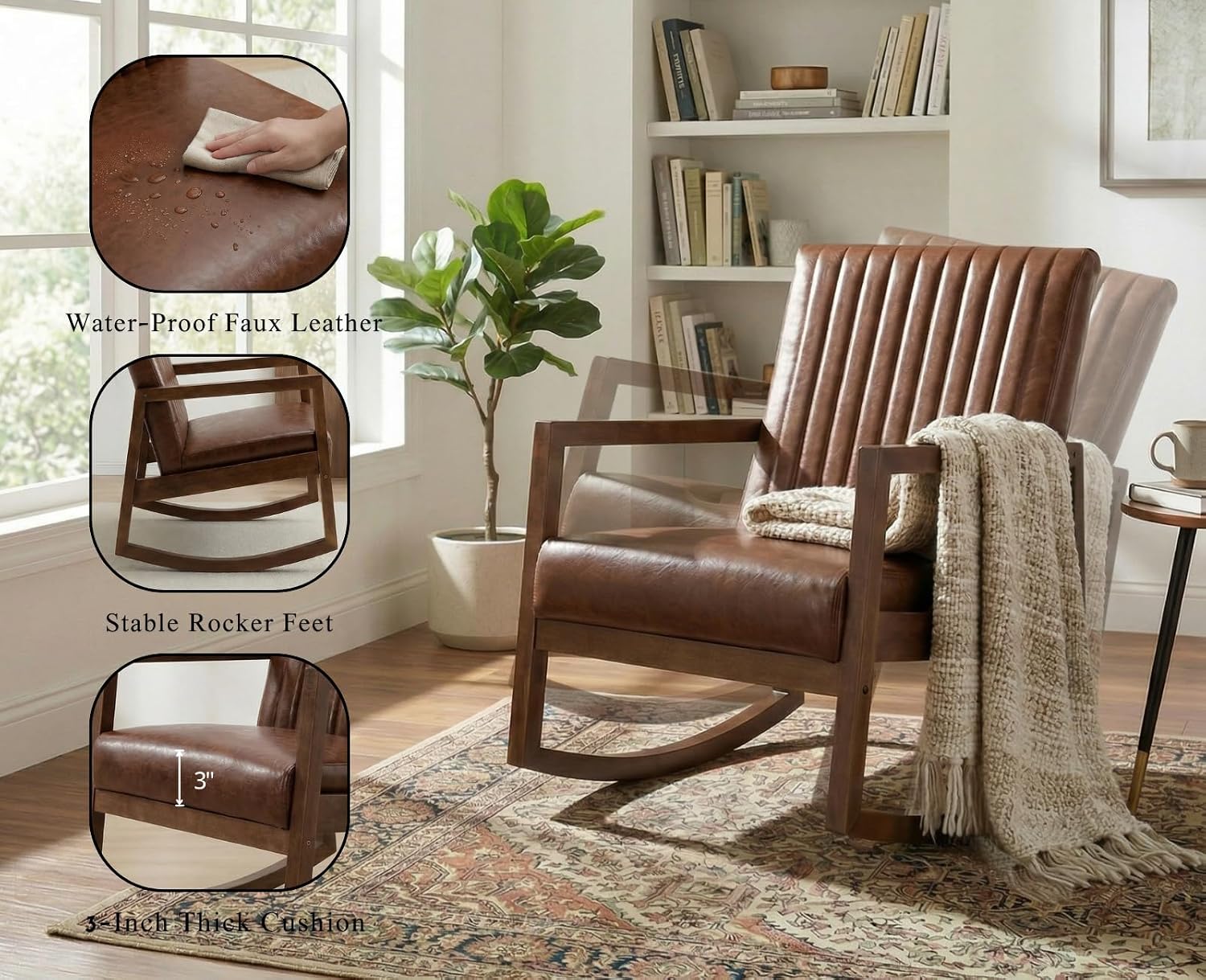 Leather Modern Rocking Chair Mid Century Armchair Upholstered Arm Chair with Padded Seat/Wood Frame, Comfy Rocker for Living Room/Bedroom, Retro Dark Brown PU