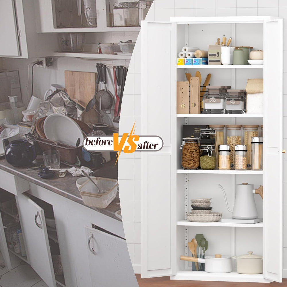 71" Tall Kitchen Pantry Storage Cabinet, 2 Doors Metal Food Pantry Cabin...