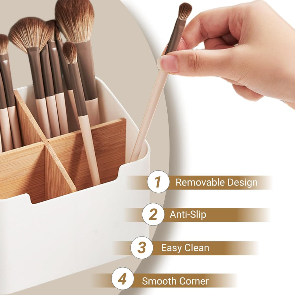 Remote Control Holder, Wood and Plastic Remote Control Holder with 4 Compartments, Multifunctional Desk Storage Organizer Box