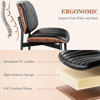 Dining Chairs Set of 2, Mid-Century Modern Upholstered PU Leather Chairs with Walnut Bentwood Back and Metal Legs Adjustable Feet for Kitchen, Black Shell Strips