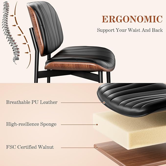 Dining Chairs Set of 6, Mid-Century Modern Upholstered PU Leather Chairs with Walnut Bentwood Back and Metal Legs Adjustable Feet for Kitchen Dining Room, Black Shell Strips
