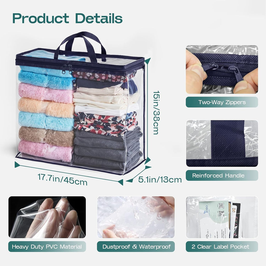 5 Pack Clear Storage Bags for Clothes, 22L Blanket Storage Bags, Under Bed Storage, Closet Organizers Bag, Upgraded Version Two-Way Zippers Design(Navy Blue)