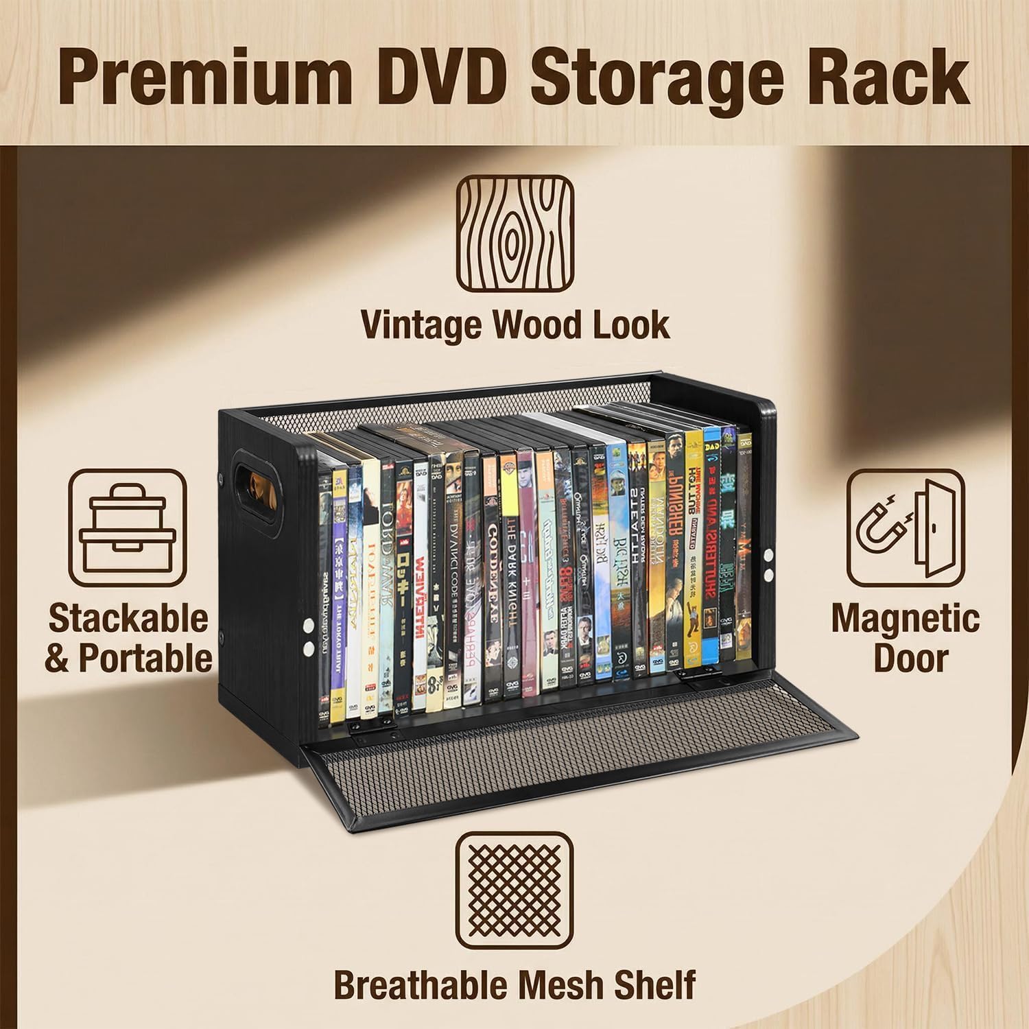 DVD Storage Rack 2-Pack with Handles, Holds 56 DVD or 64 Blu-ray Cases | Portable DVD Case Holder for Desktop, Closet, Video Games, Books & Movies, Black