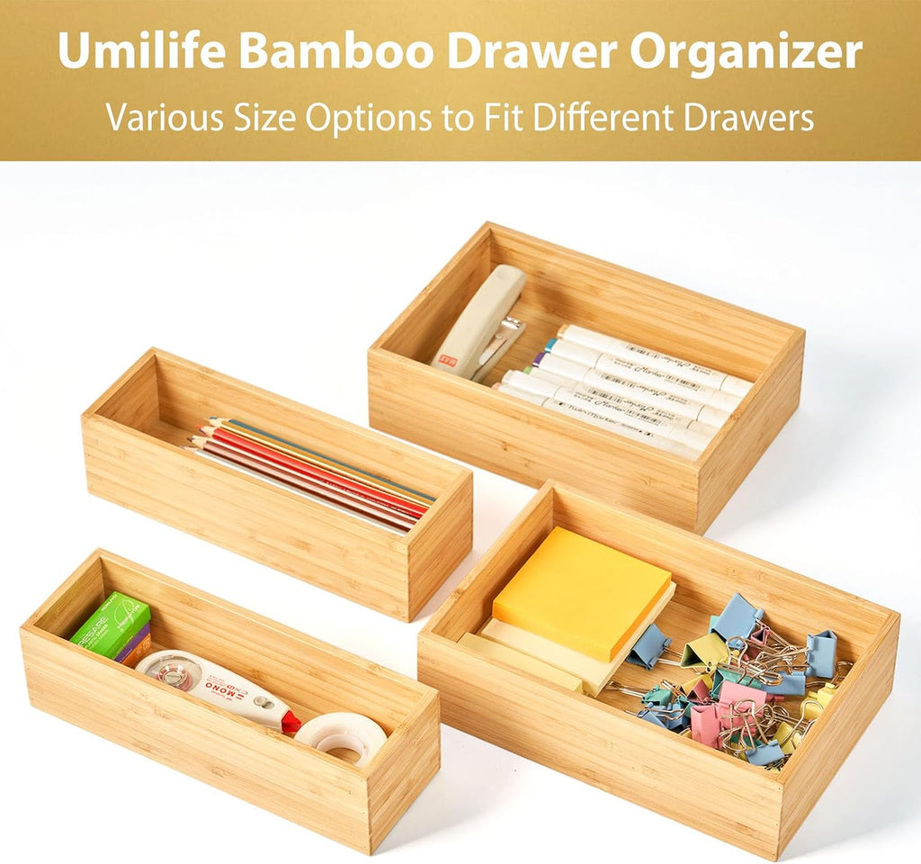 Bamboo Kitchen Utensils Organizer, Extra High Silverware Drawer Tray, Flatware Cutlery Storage Box, Multi-Use Holder in Office, Bathroom, Pantry - 15"x6"x2.5" (Set of 2)