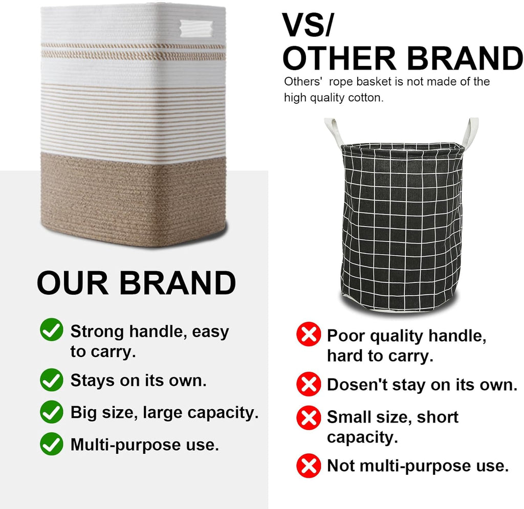Laundry Hamper, Large Woven Rope Tall Laundry Basket with Handles, 22" X 17" X 13", Decorative Storage Basket for Clothes and Blankets in Living room, Bedroom, Brown Variegated