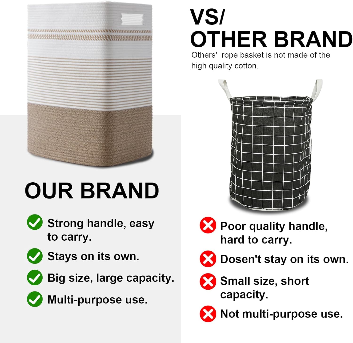 Laundry Hamper, Large Woven Rope Tall Laundry Basket with Handles, 22" X 17" X 13", Decorative Storage Basket for Clothes and Blankets in Living room, Bedroom, Brown Variegated