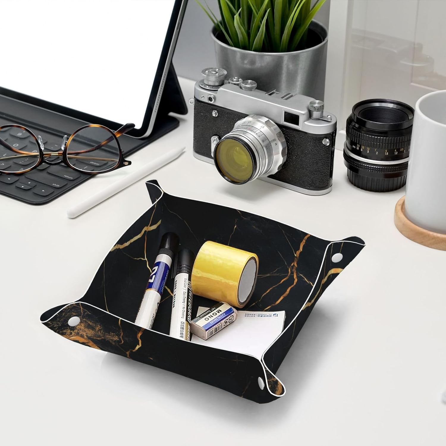 Black Marble Valet Tray Catchall Trays Key Organizer Leather Tray Night Stand Organizer Bedside Vanity Trays Decor for Entryway Table