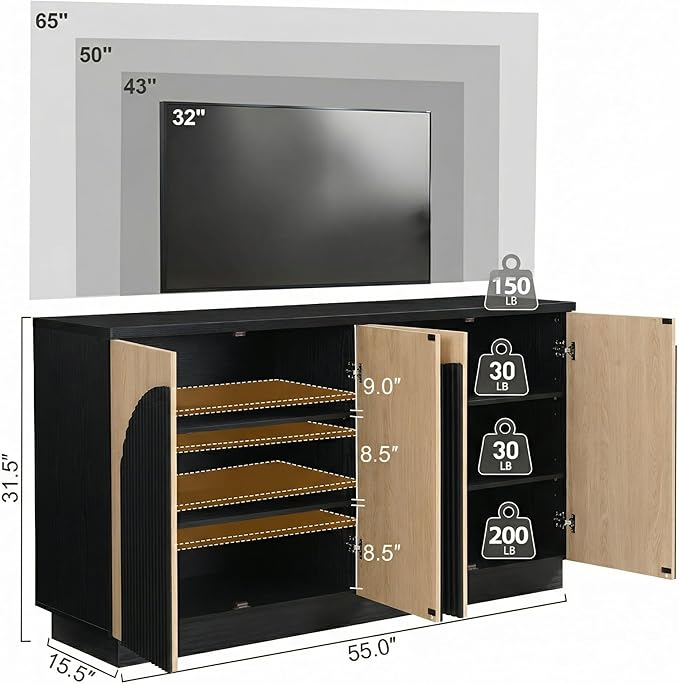 Yechen Fluted TV Stand with Arched Reeded Design Doors, Modern Entertainment Center with Storage for Up to 65 Inch, TV Media Console, TV Cabinet for Living Room, Bedroom/Black/Natural(1 PCS)
