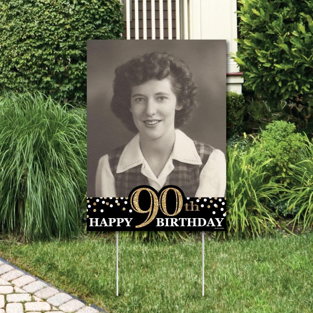 Big Dot of Happiness Custom Adult 90th Birthday - Gold - Photo Yard Sign - Bi...