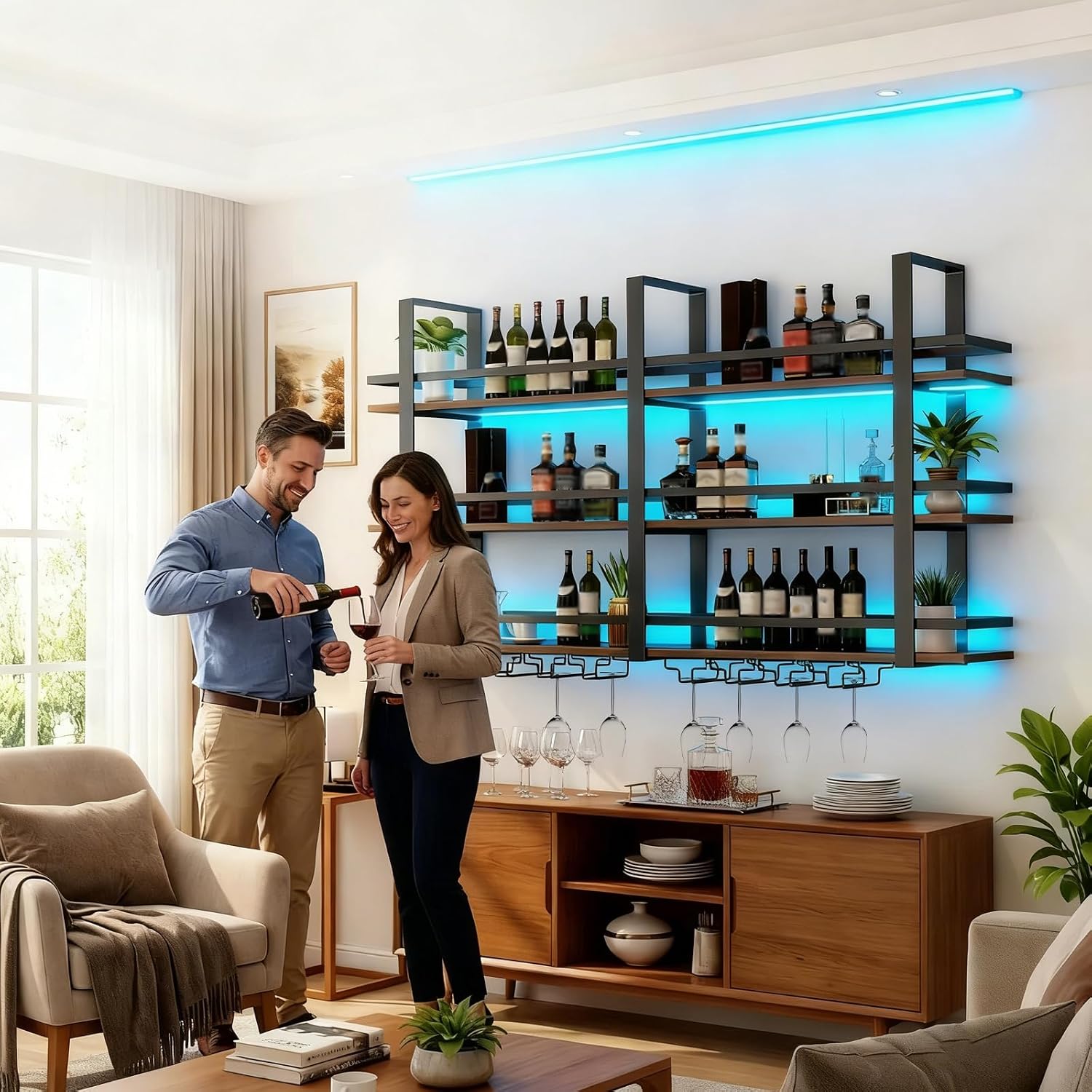 Wall Mounted Wine Rack with LED Light, Metal Liquor Bottles Display Shelf, Floating Shelves Display Storage Organizer, Wall Bar Shelves with Wine Glass Holder for Home Bar Kitchen (black, 39.4in)