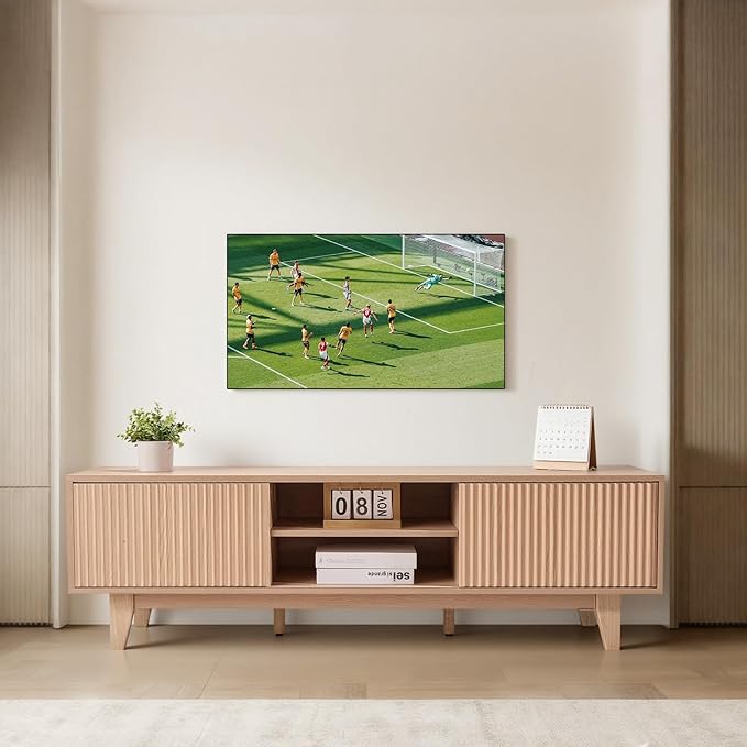 VEVOR 59" Fluted TV Stand, Boho Entertainment Center for 55/60/65 inch TVs, Mid Century Modern Media Console TV Storage Cabinet with Sliding Door and Adjustable Open Shelves, for Living Room, Bedroom