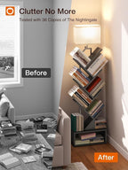addlon 6-Tier Tree Bookshelf, Steel&Wood Corner Shelf with 3CCT Bulb,Small Book Shelf for Bedroom, Home Office&Living Room-Rustic Brown-Black Oak