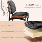 Dining Chairs Set of 8, Mid-Century Modern Upholstered PU Leather Chairs with Walnut Bentwood Back and Metal Legs Adjustable Feet for Kitchen Dining Room, Black Shell Strips