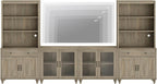 WAMPAT Entertainment Center with Bookshelves for TVs up to 75", Farmhouse Wall Unit TV Stand with Glass Doors & Drawer, Media Console Table for Living Room, Bedroom & Home Theater, Wash Grey