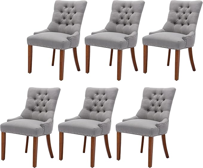 Upholstered Dining Chairs with Arms, Set of 6, Dining Room Chairs with Solid Wood Legs and Tufted Backrest(Linen+Grey)