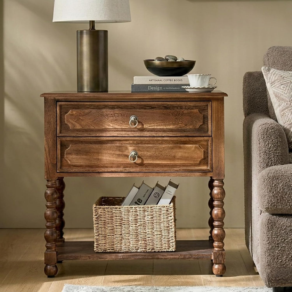 Solid Wood Spindle End Table with Charging Station, Traditional Farmhouse Sid...