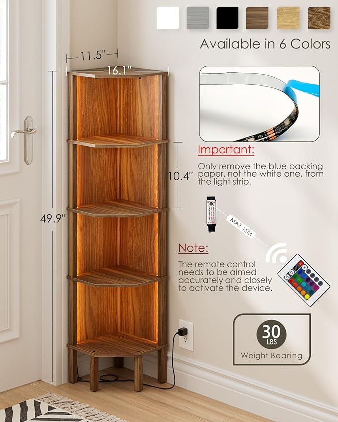 Corner Shelf, 5 Tier Corner Bookshelf with LED Light,Wall Display Corner Shelf Stand with Storage Rack for Living Room,Bedroom,Office,Walnut