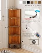Corner Shelf, 5 Tier Corner Bookshelf with LED Light,Wall Display Corner Shelf Stand with Storage Rack for Living Room,Bedroom,Office,Walnut