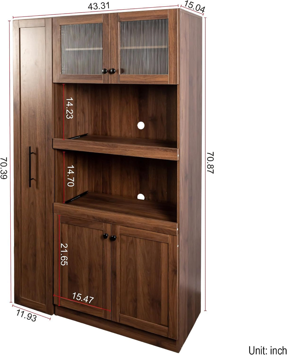 Farmhouse Kitchen Pantry Cabinet with Pull-Out Shelves, 4-Door Storage Organi...