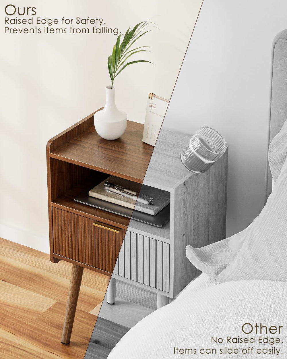 Night Stand, Modern Side Table, Small Nightstand, Wood Bedside Table with Sto...