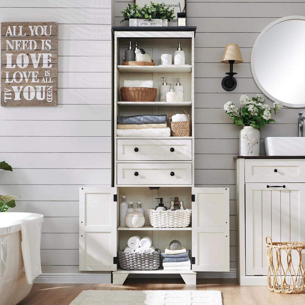 ACCOHOHO Farmhouse Tall Bathroom Storage Cabinet, 72" Storage Cabinet with 2 Drawers, Adjustable Shelves & Barn Door, Cabinet for Bathroom, Living Room, Kitchen, Off White