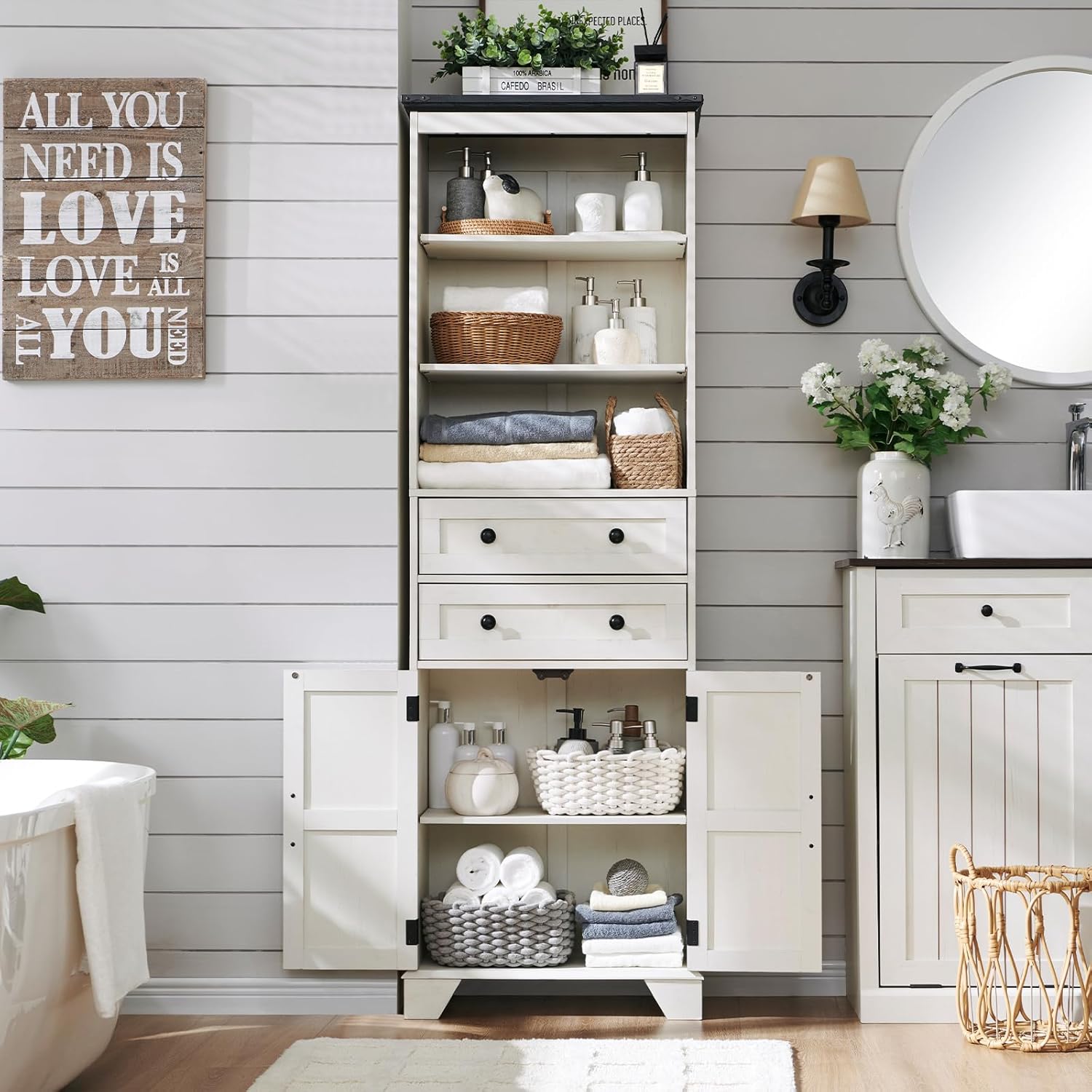 ACCOHOHO Farmhouse Tall Bathroom Storage Cabinet, 72" Storage Cabinet with 2 Drawers, Adjustable Shelves & Barn Door, Cabinet for Bathroom, Living Room, Kitchen, Off White