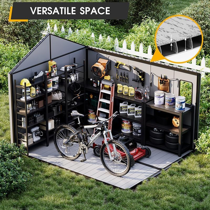 8 x 10 FT Resin Outdoor Storage Shed, All-Weather Plastic Tool Shed with Floor, Lockable Doors & Windows, Plastic Garden Shed for Poolside, Backyard, Patio, Bike