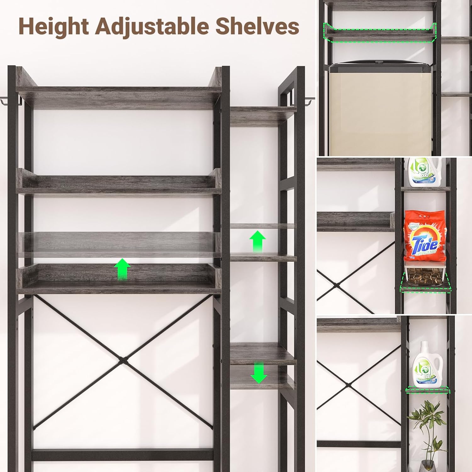 Over The Toilet Storage with 2 Drawers - 7 Tier Bathroom Organizer with Adjustable Shelf, Freestanding Space Saver Storage Rack Above Toilet Stand with 4 Hooks for Restroom, Laundry, Grey Oak