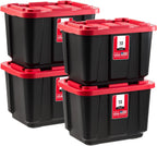 IRIS USA 12 Gallon Heavy Duty Truck Bed Toolbox Storage Tote Bins with Lids, 4 Pack - Made in USA, Tough Snap On Lockable Lid Stackable Industrial Rugged Tubs, Garage Organization Box - Red
