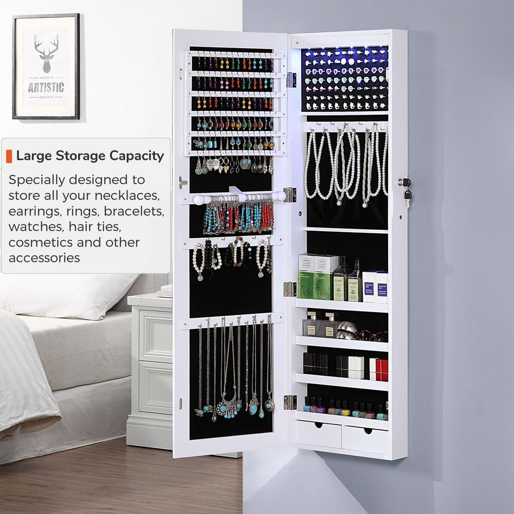 GISSAR Jewelry Organizer Full Length Mirror Jewelry Cabinet Standing/Wall/Hanging Door Jewelry Armoire Storage with Lights, Lockable, White