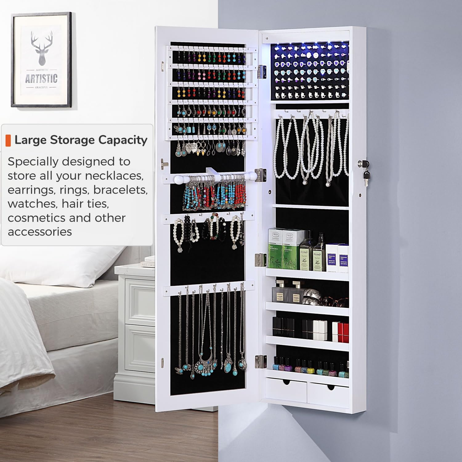 GISSAR Jewelry Organizer Full Length Mirror Jewelry Cabinet Standing/Wall/Hanging Door Jewelry Armoire Storage with Lights, Lockable, White