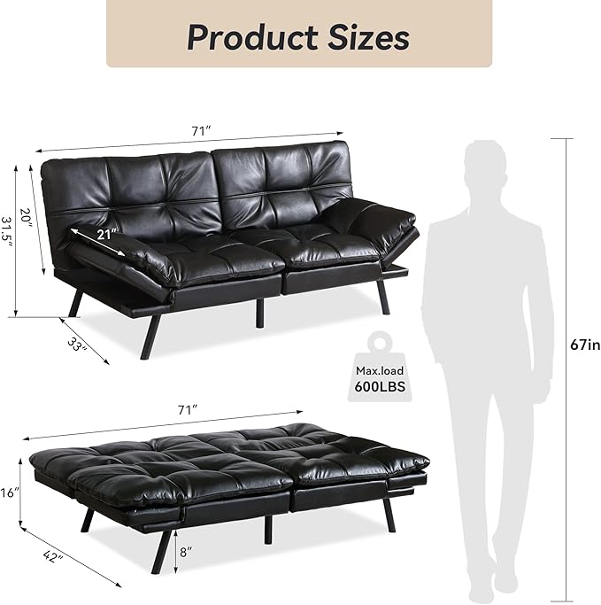 71" Convertible Futon Sofa Bed,Bright Black Faux Leather Futon Couch,Memory Foam Reclining Sleeper Sofa Bed,Modern Folding Small Loveseat Couches for Living Room,Office,Apartment