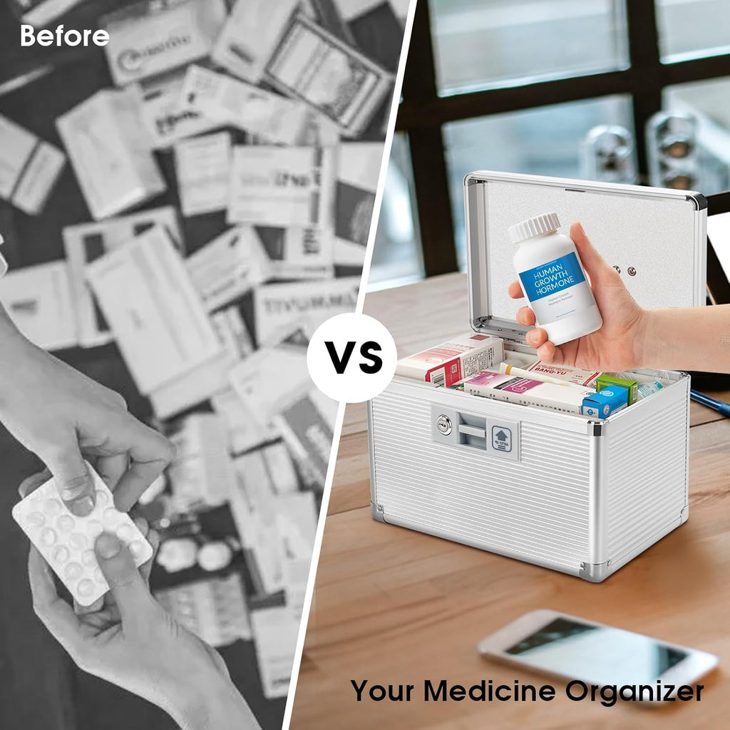 Medicine Lock Box with Key, Alluminum Alloy Box for Medication,First Aid Box with a Removeable Tray to Store Medicines & Pills for Home,Silver 10 * 6.89 * 6.89 Inch