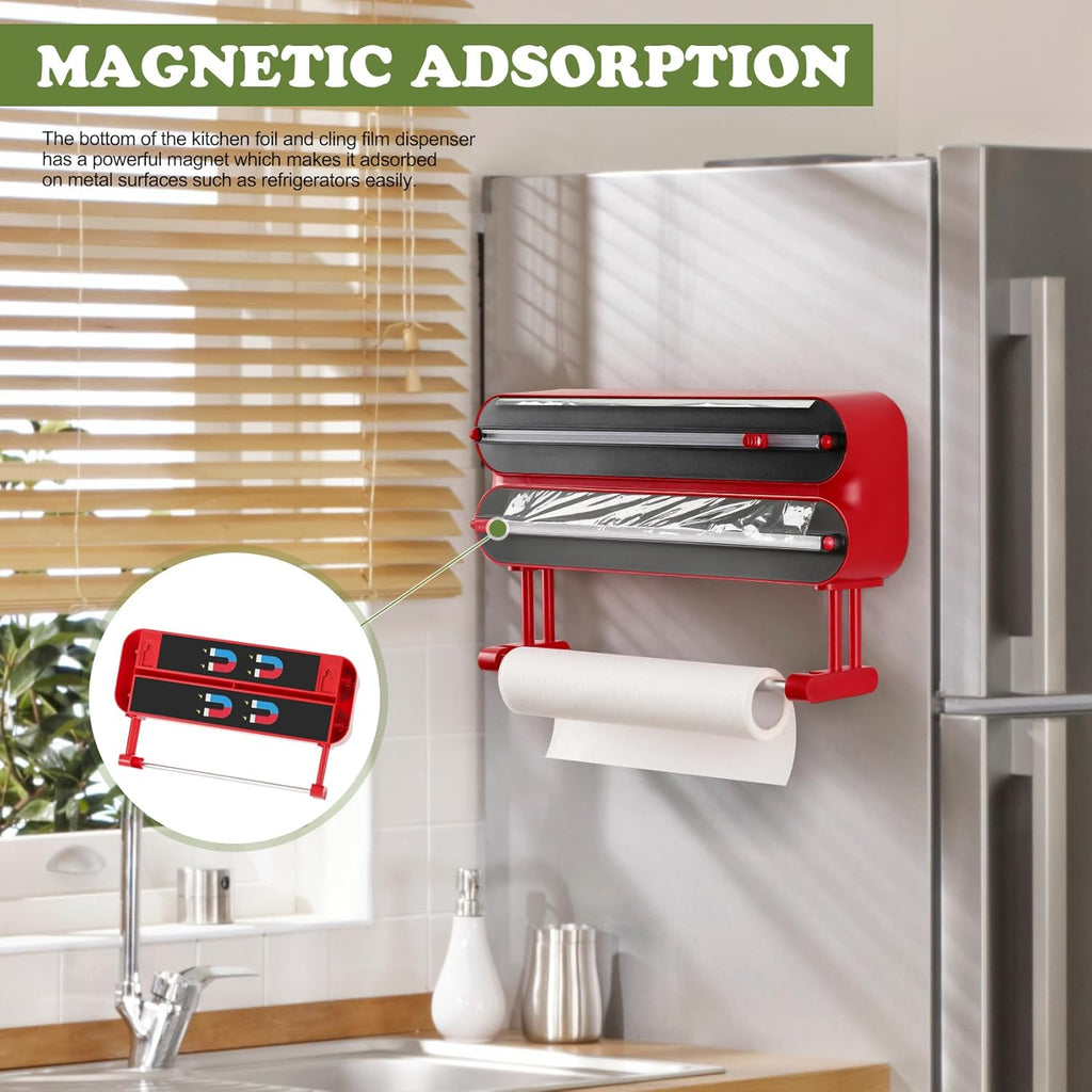 Aluminum Foil & Plastic Wrap Dispenser with Cutter - Magnetic & No-Drill Wall Mount, Cling Film Dispenser with Paper Towel Holder, Space-Saving 3-in-1 Kitchen Organizer - Fits 12" Roll, Red
