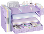 gianotter Wood Desk Organizers and Accessories with File Holder, 4-Tier Desk Accessories & Workspace Organizers with Drawer and Pen Holder, Paper Organizer for Office Supplies (Purple)