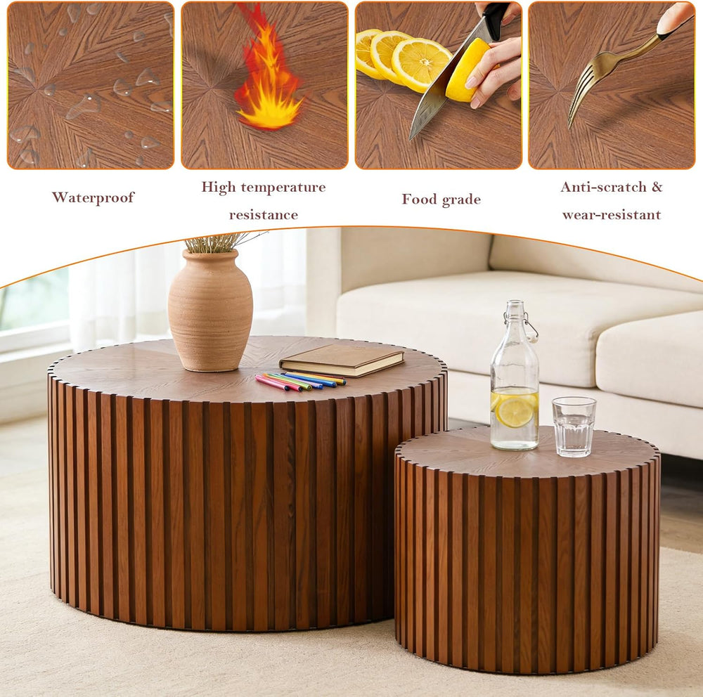 Handcraft Round Nesting Coffee Table (27.6in+19.7in) | Chic Wave Stripe Edge ...
