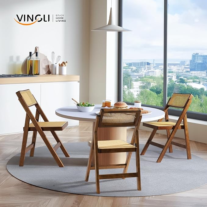 VINGLI 2 Pack Rattan Wooden Folding Chair, Dining Folding Chair with 360° Swivel Backrest, Sturdy Rubberwood Frame and Rattan Woven Seat and Back, Walnut, Set of 2