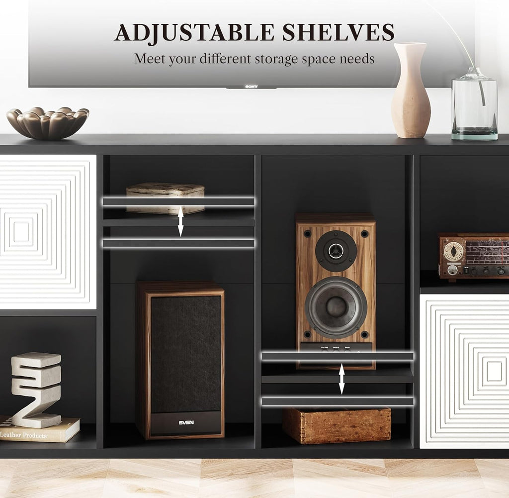 Wooden 8 Cube Storage Organizer, Cubby Storage Organizer with Doors, Multipurpose Cubbies Organizer with Adjustable Shelves, Display Storage Cabinet with Closed Back for Living & Office, Black
