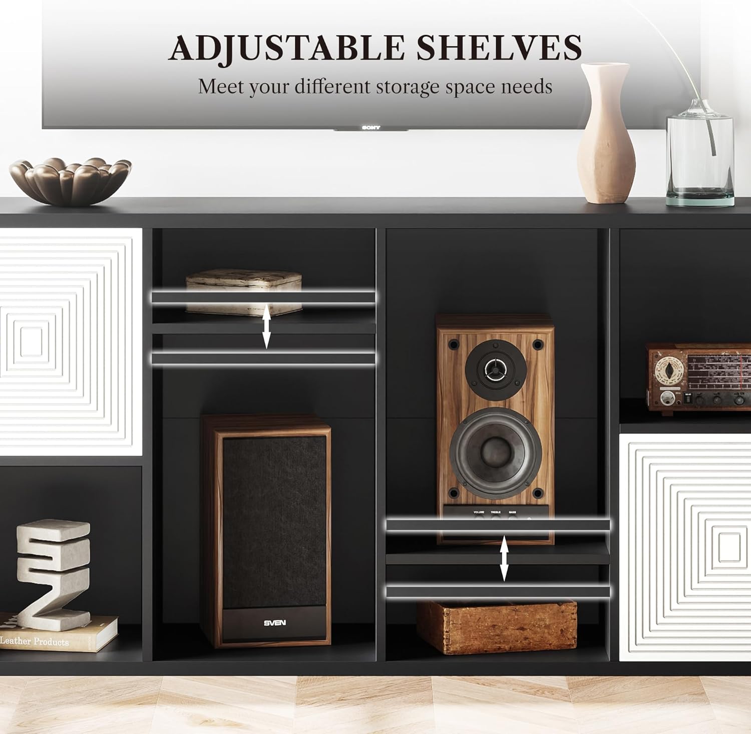 Wooden 8 Cube Storage Organizer, Cubby Storage Organizer with Doors, Multipurpose Cubbies Organizer with Adjustable Shelves, Display Storage Cabinet with Closed Back for Living & Office, Black