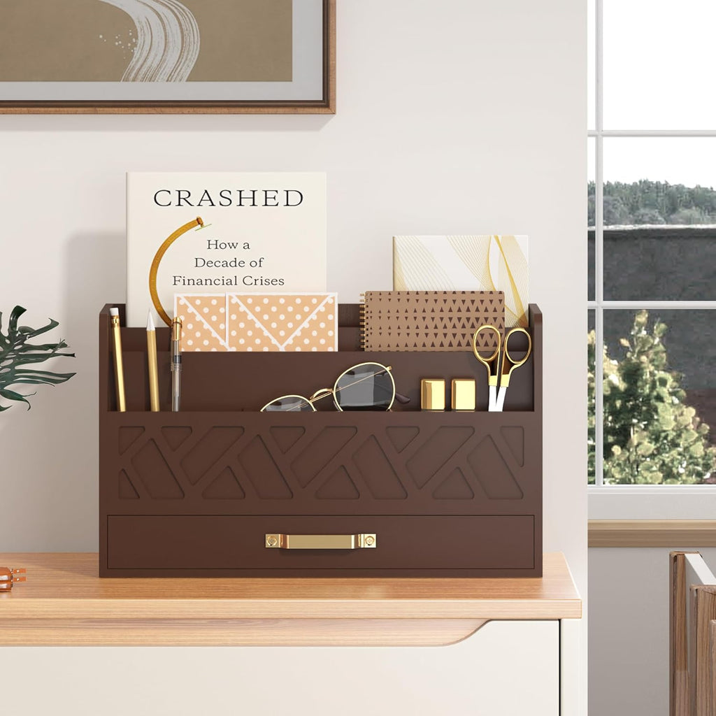 Bamboo Mail Organizer Countertop Wood Desk Organizer Drawer Tabletop Storage Box Letter Sorter Makeup Organizer for School Home Office Supplies Brown