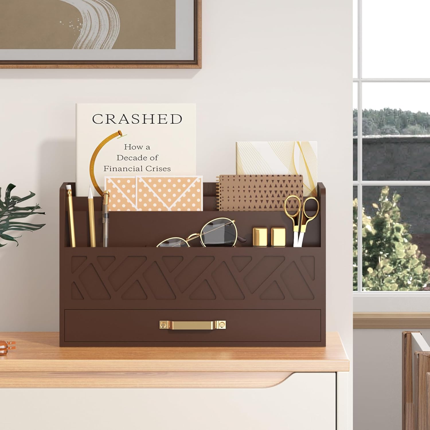 Bamboo Mail Organizer Countertop Wood Desk Organizer Drawer Tabletop Storage Box Letter Sorter Makeup Organizer for School Home Office Supplies Brown