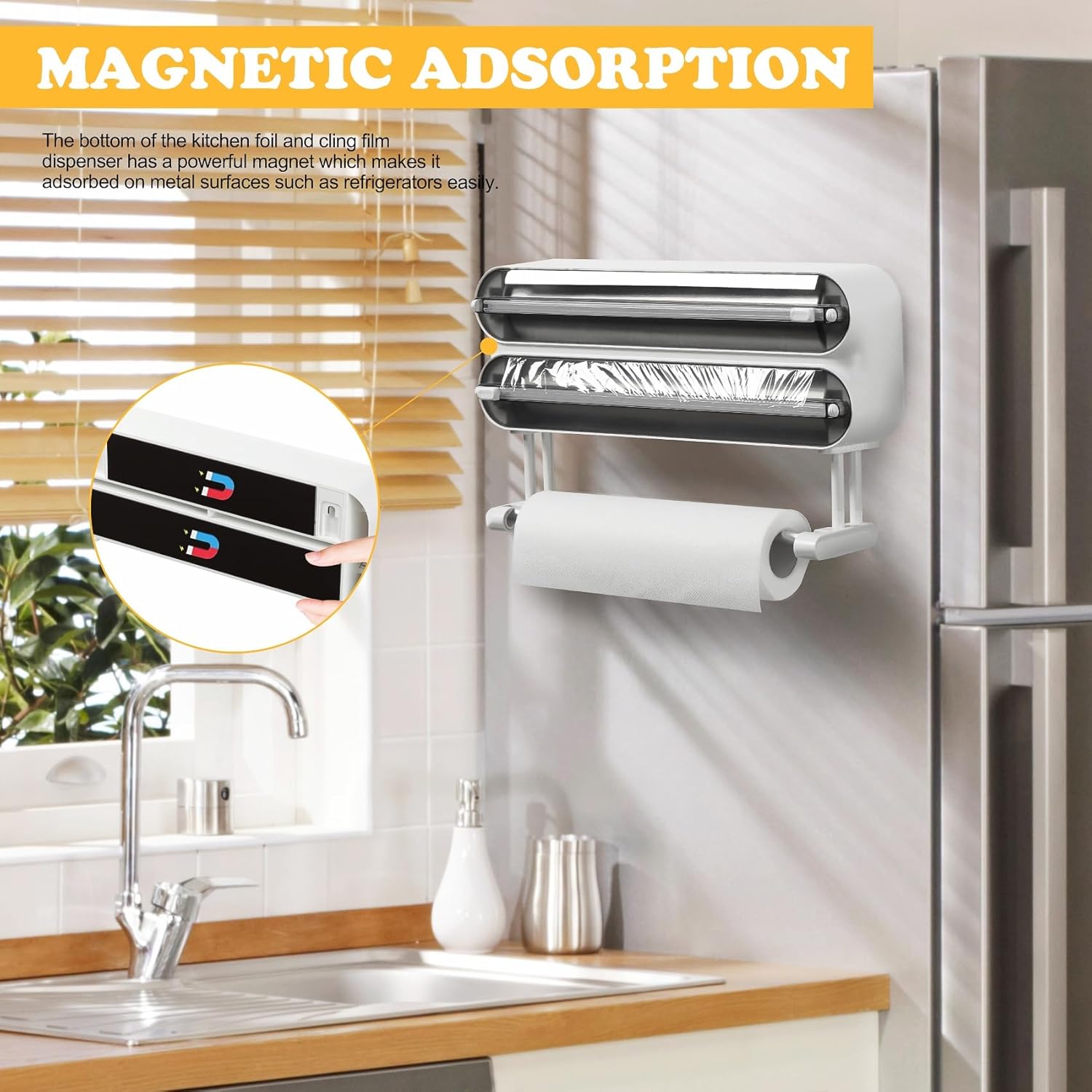 Magnetic Plastic Wrap Dispenser with Cutter - Refillable Tin Foil and Plastic Wrap Organizer for Kitchen, Aluminum Foil Dispenser with Paper Towel Holder Wall Mount - Fits 12" Roll, White