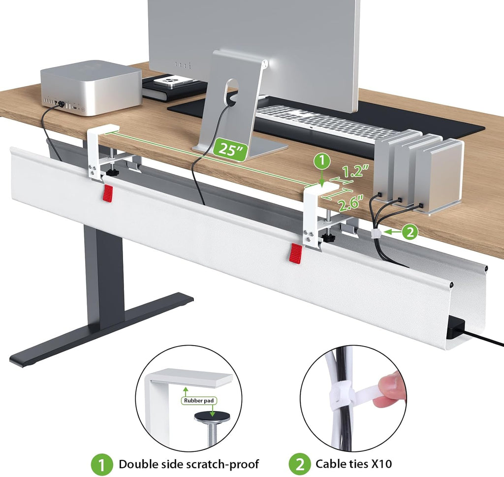 KEEGH Extra Large 48" Under Desk Cable Management Tray - Under Desk Cord Management - Clamp/Screw Mount - Support Upto 70lbs - Fabric Wire Management - Cable Raceways Cord Hider for Office/Home, White