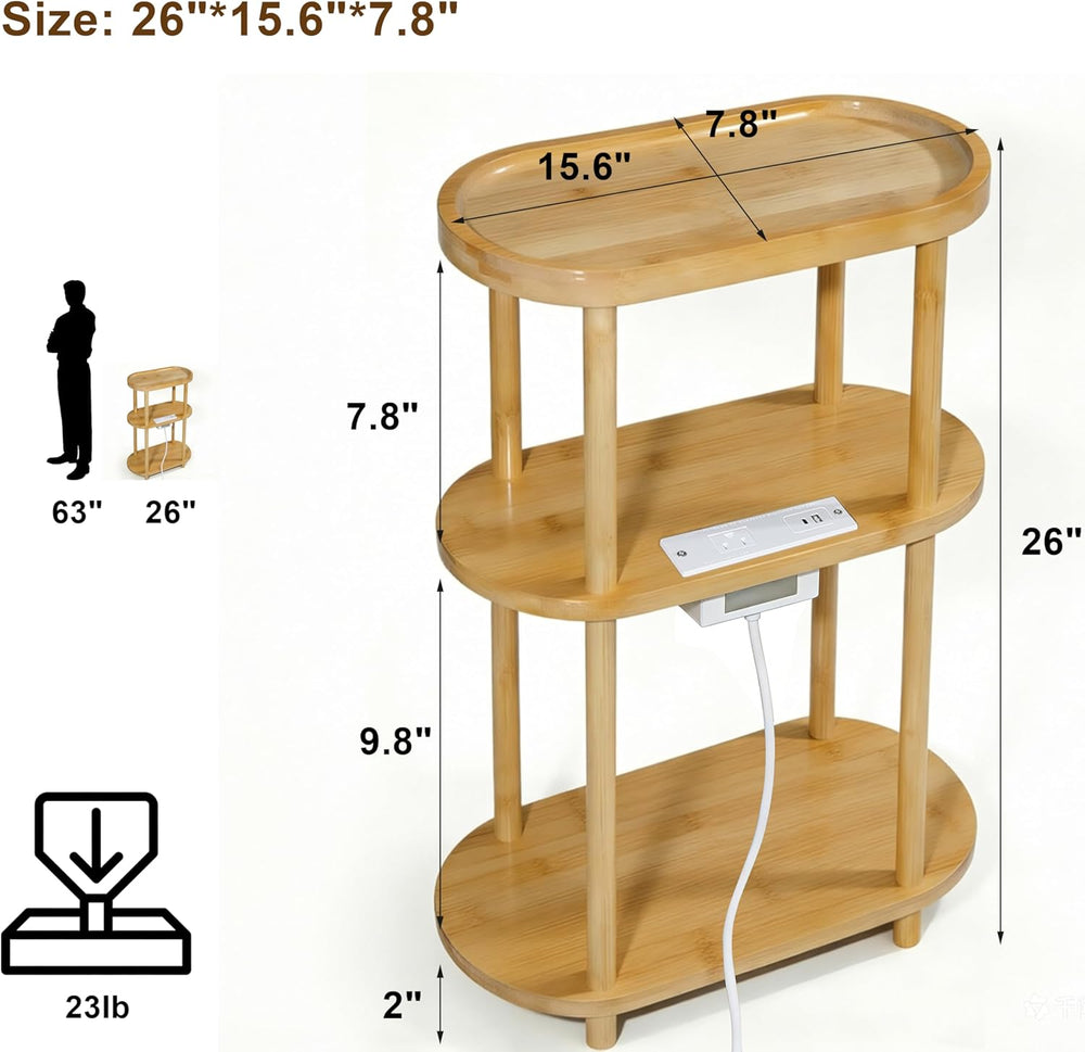 Side Table, Nightstand with Charging Station — Bamboo Narrow End Table with 3...