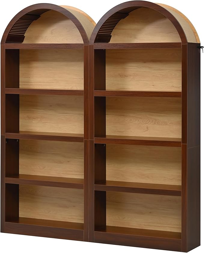 3-Piece Farmhouse TV Stand Set with Bookshelf for TVs Up to 70", Two-Tone Wood Grain Entertainment Center with Arched Design, Retro Sideboard with Tempered Glass Doors for Living Room (Walnut+Natural)