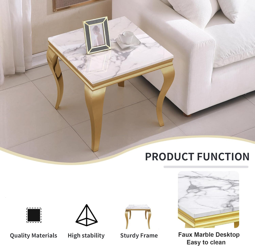 Marble End Table, Modern White Faux Marble Sofa Side Table with Gold Stainles...