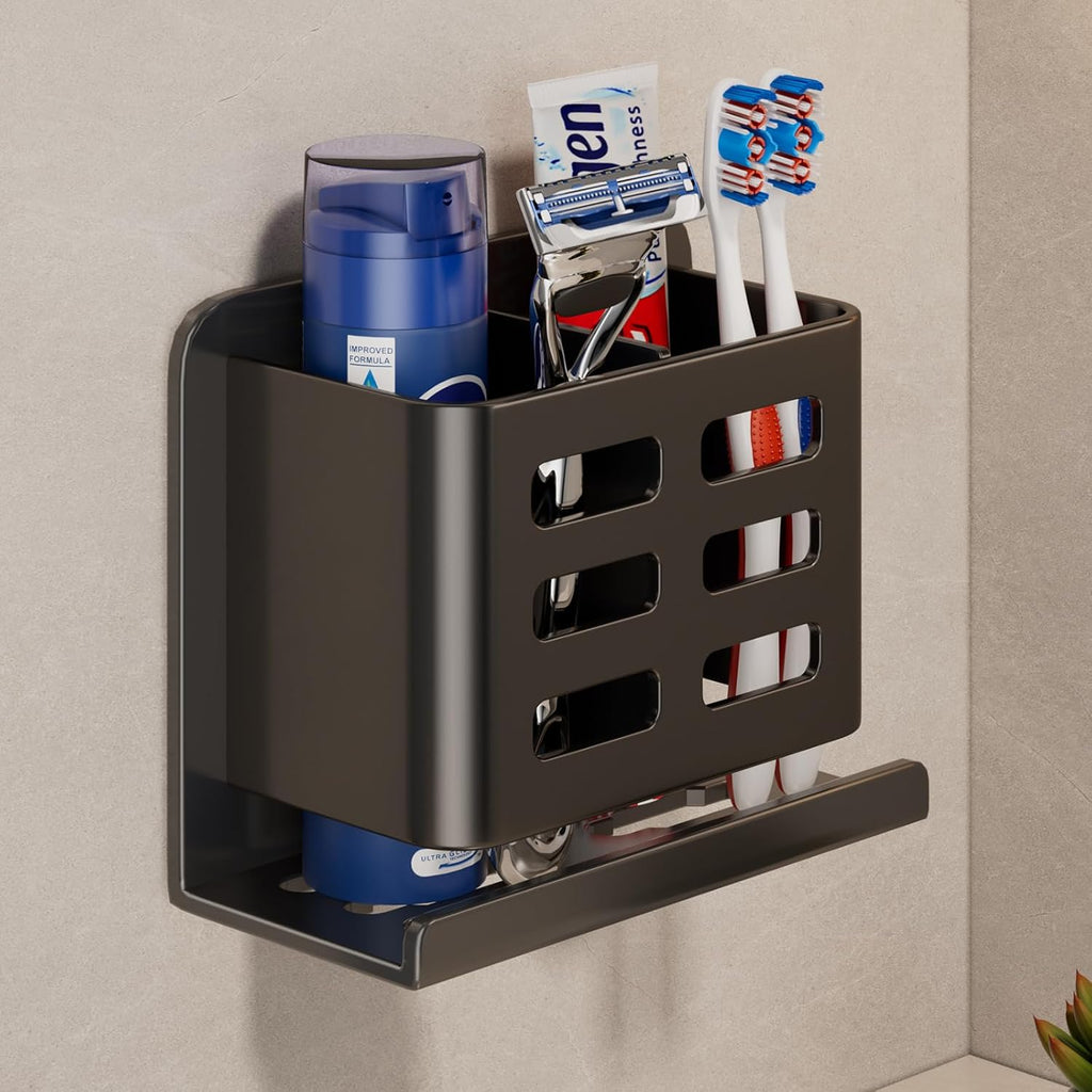 Black Wall-Mounted Toothbrush Holder, Aluminum Material Shower Shaver Storage Rack, No Drilling Required, Removable Toothpaste Storage Rack
