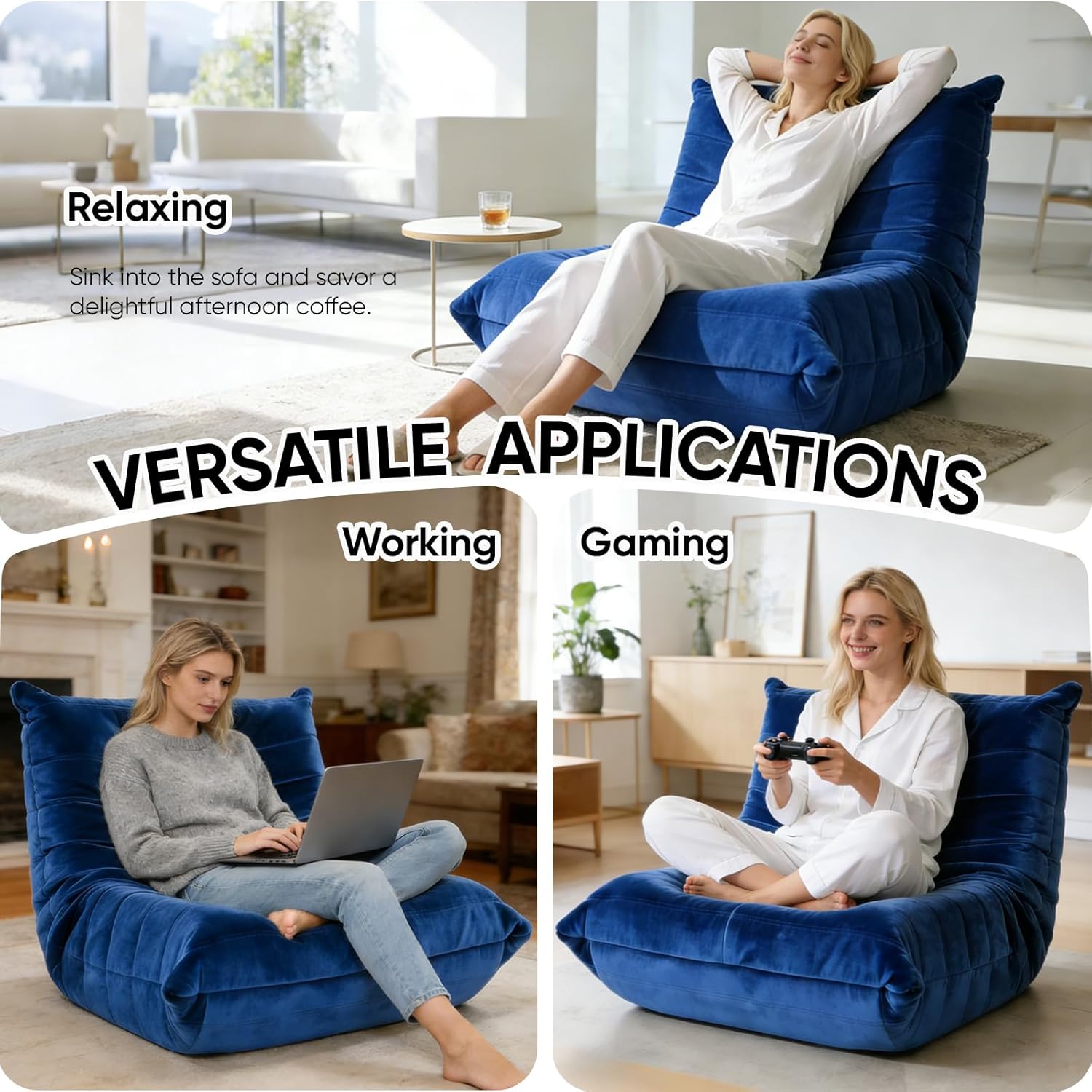 Trenda Bean Bag Chairs for Adults - Comfy High-Density Foam Fireside Chair, Adult Size, Soft Dutch Velvet Cover Beanbag Couch, Versatile for Living Room, Bedroom, Dorm, Reading & Gaming (Royal Blue)