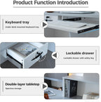 L Shape Reception Desk with Counter, Lockable Drawer, Keyboard Tray, and Double-Layer Storage for Salon, Office, or Clinic(White+Gray/Left, 63" L*24" W*39" H)