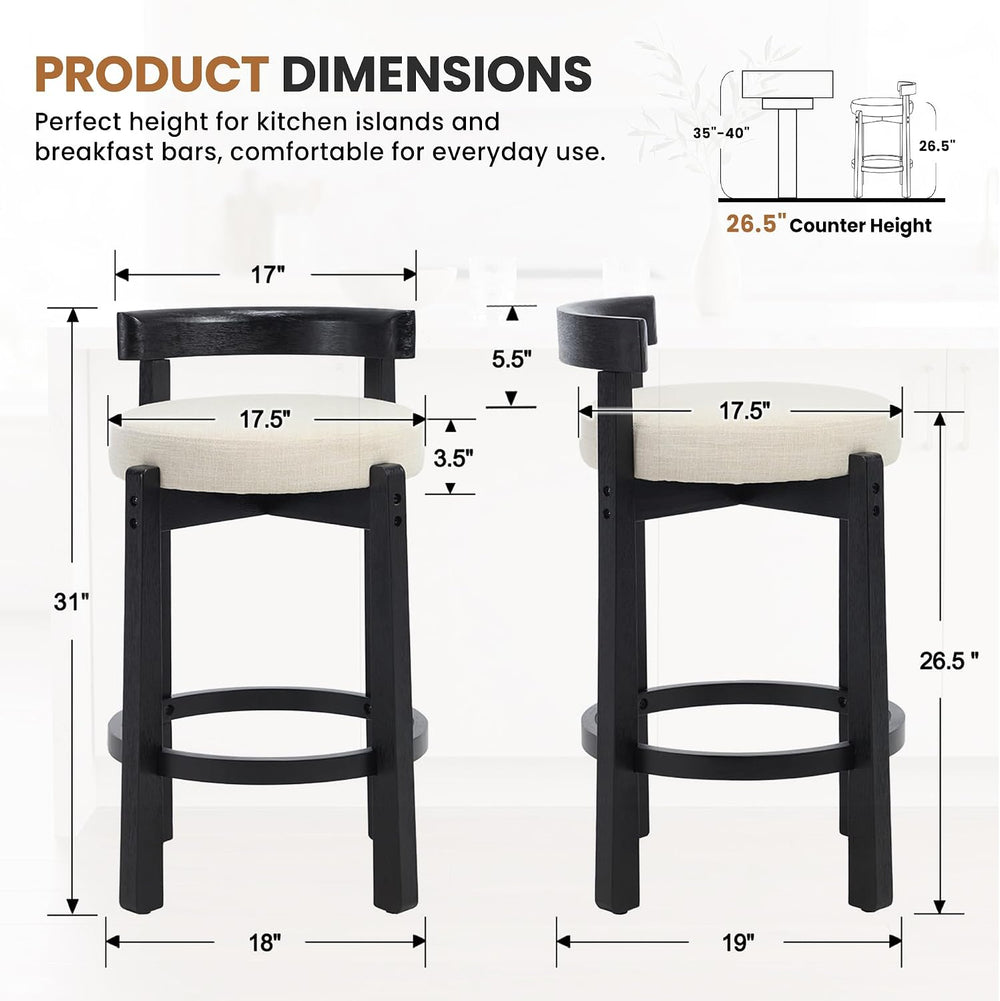 LukeAlon Mid Century Linen Counter Stools Set of 4, Upholstered 26.5” Seat He...